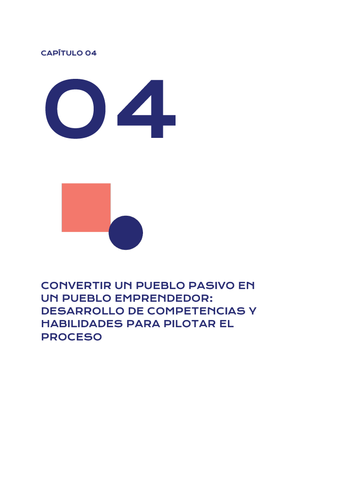 CREAR COMUNIDAD PARA CUIDAR:CAPÍTULO 4. CONVERTIR UN PUEBLO PASIVO EN UN PUEBLO EMPRENDEDOR: DESARROLLO DE COMPETENCIAS Y HABILIDADES PARA PILOTAR EL PROCESO